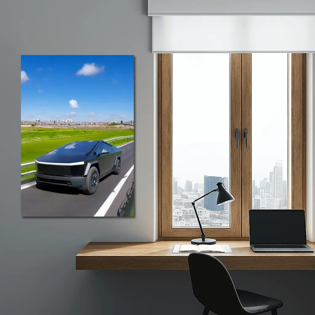 Tesla Cybertruck Black Highway City Background – Wall Art