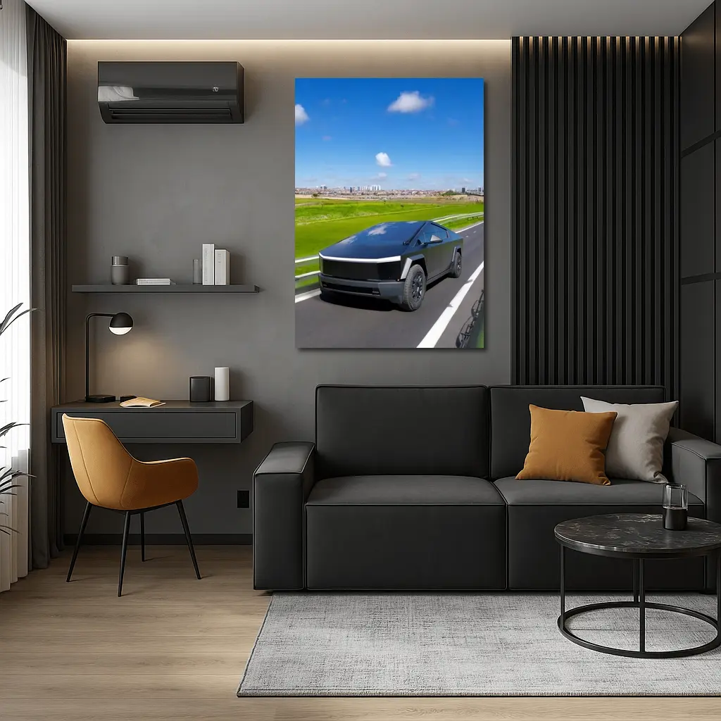 Tesla Cybertruck Black Highway City Background – Wall Art