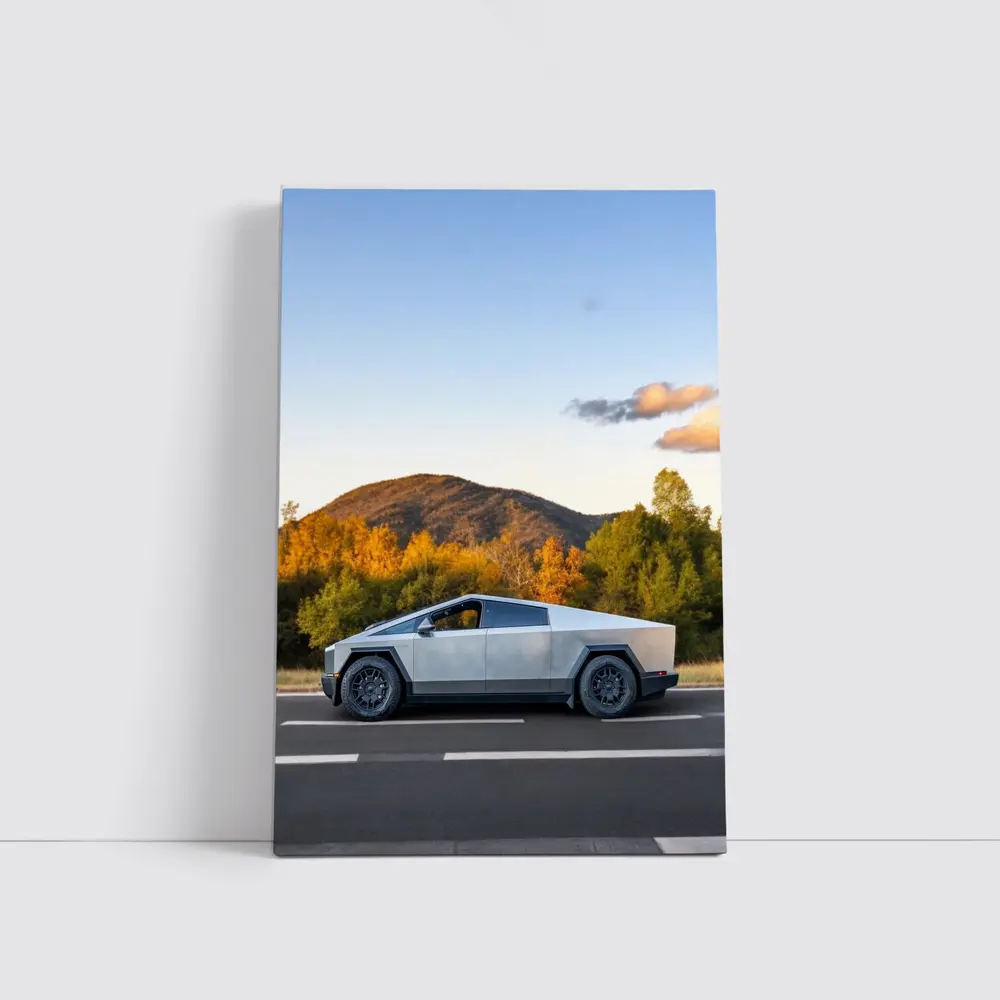 Tesla Cybertruck Driving Through Autumn Mountain Road – Wall Art