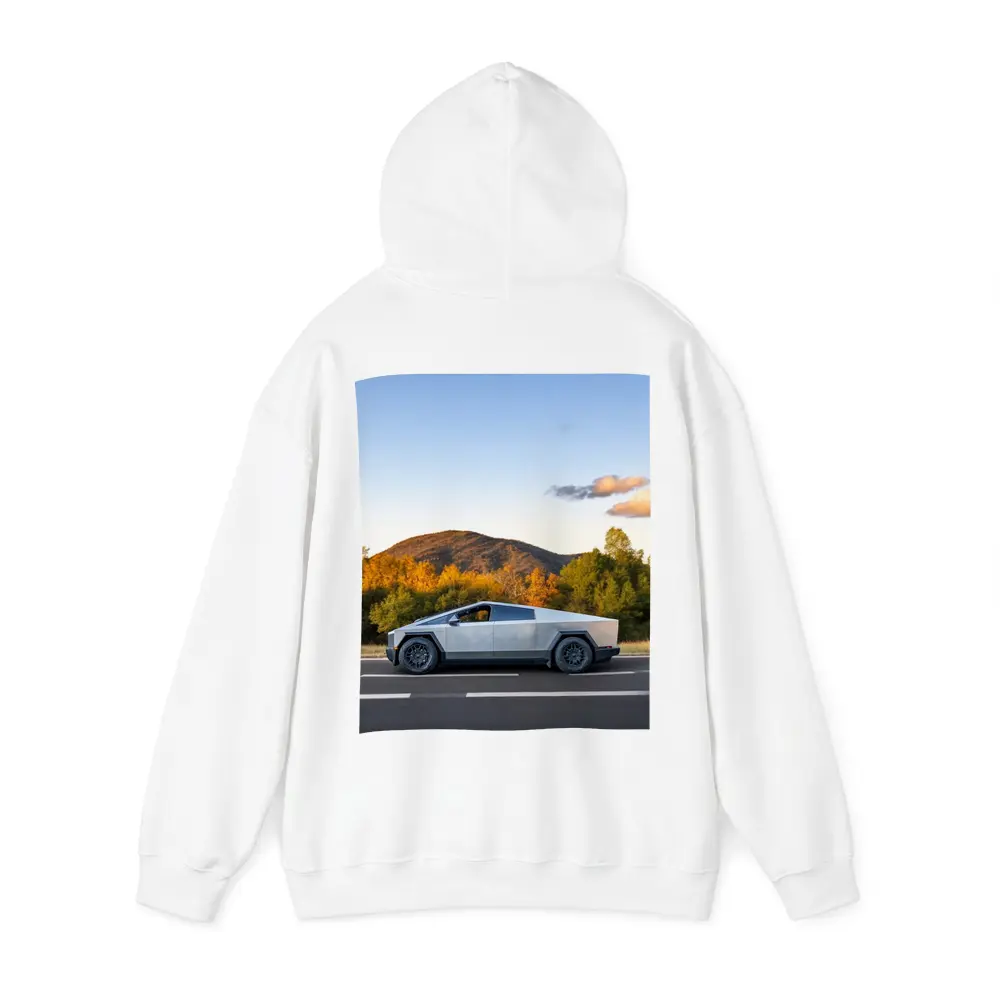 Tesla Cybertruck Driving Through Autumn Mountain Road – Hoodies