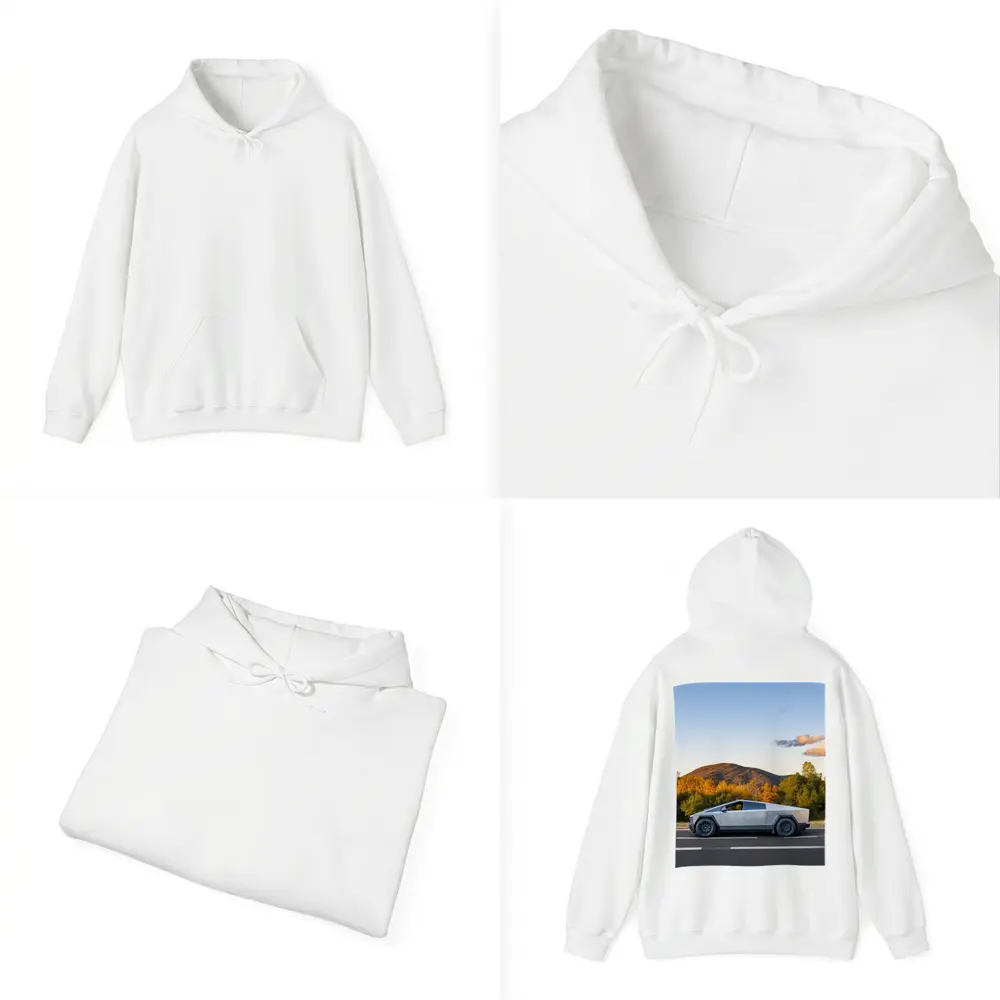 Tesla Cybertruck Driving Through Autumn Mountain Road – Hoodies