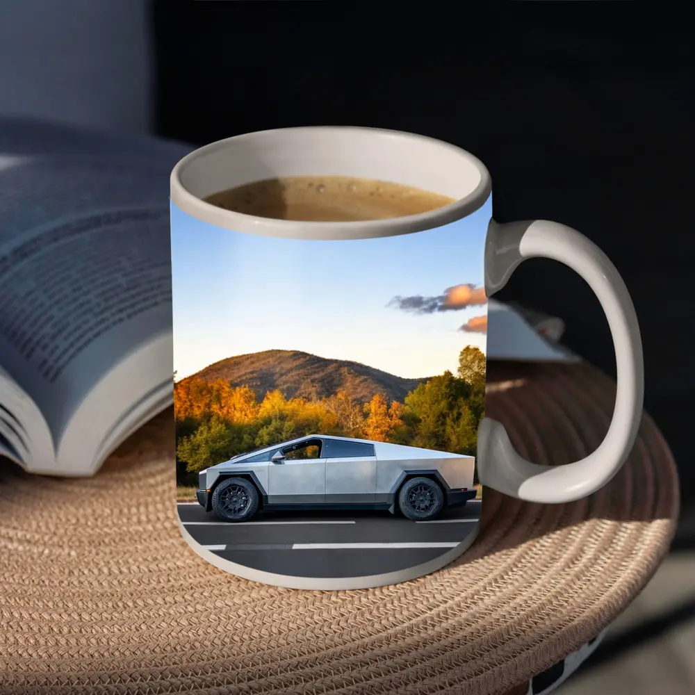 Tesla Cybertruck Driving Through Autumn Mountain Road – Mugs