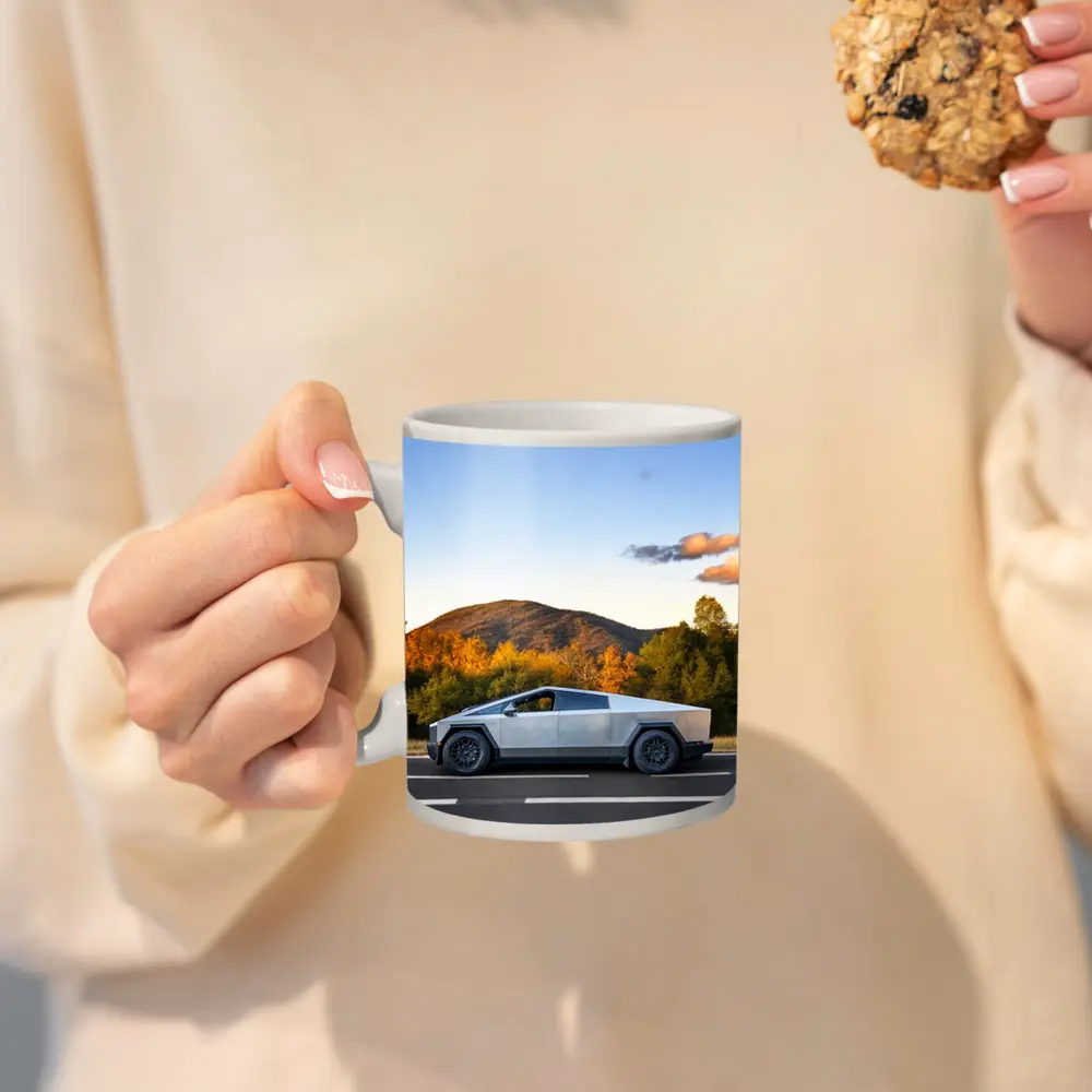 Tesla Cybertruck Driving Through Autumn Mountain Road – Mugs
