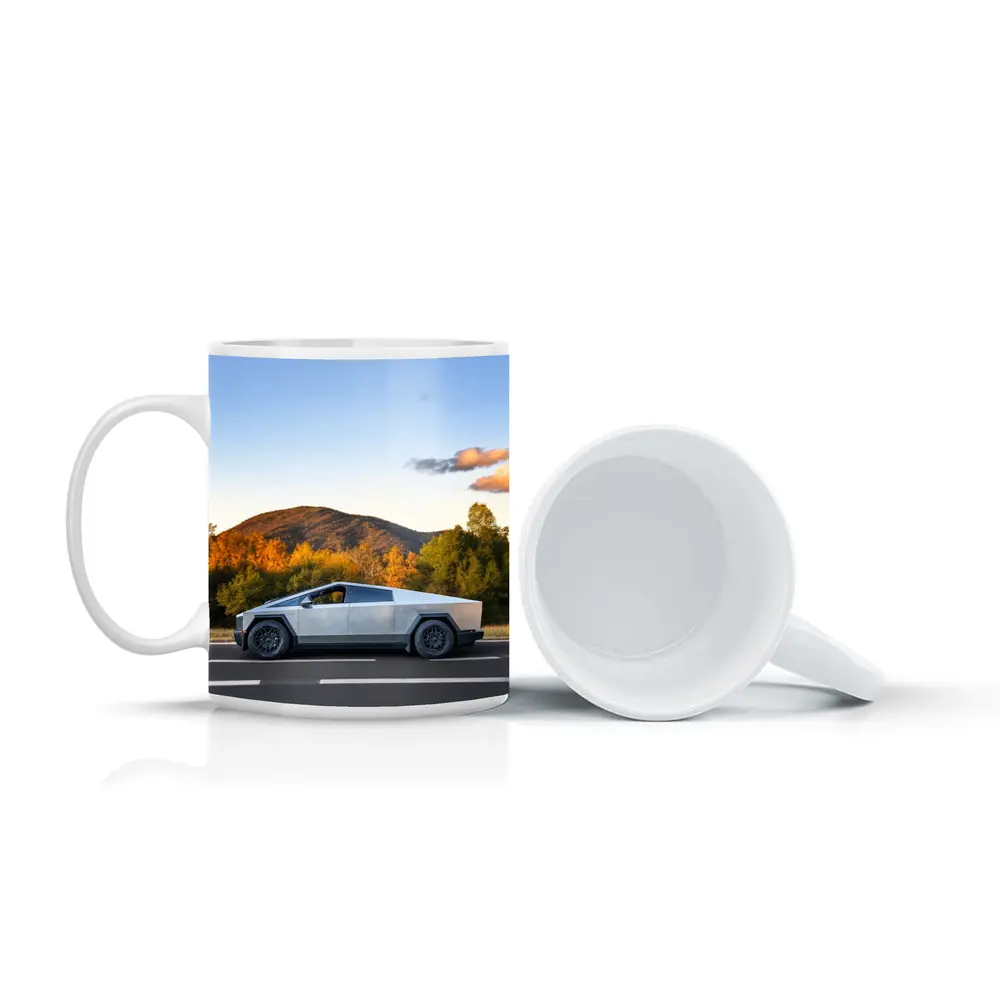 Tesla Cybertruck Driving Through Autumn Mountain Road – Mugs