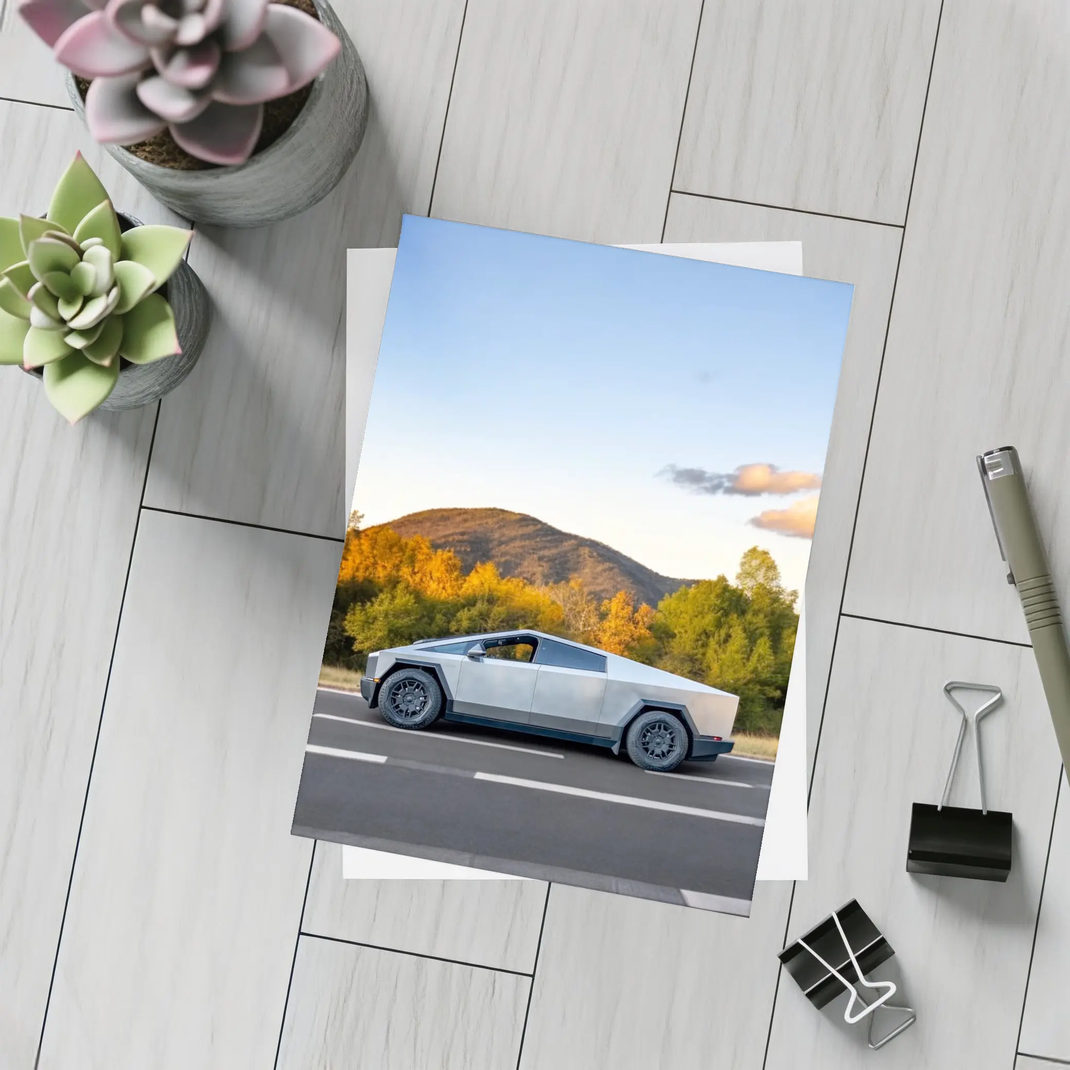 Tesla Cybertruck Driving Through Autumn Mountain Road – Postcards