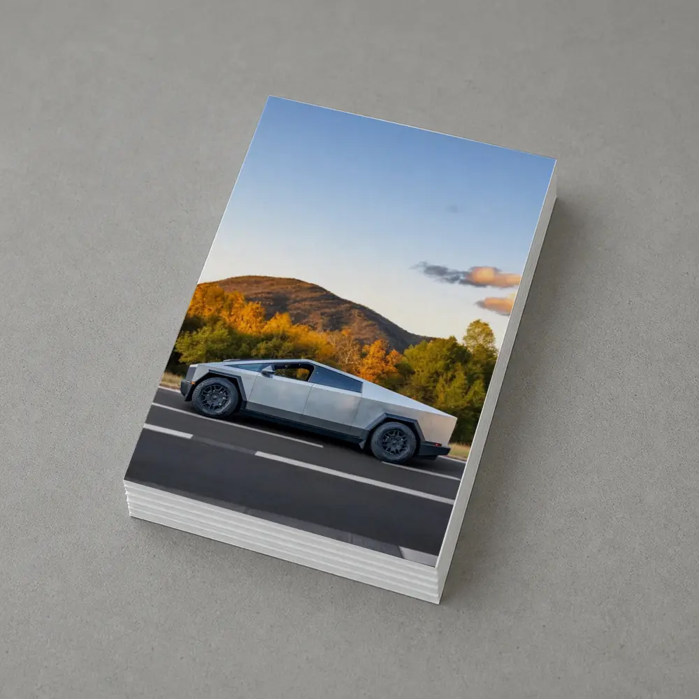 Tesla Cybertruck Driving Through Autumn Mountain Road – Postcards