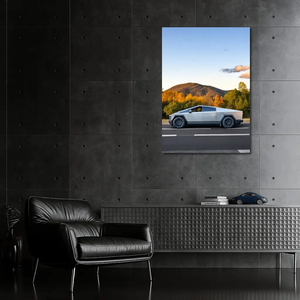Tesla Cybertruck Driving Through Autumn Mountain Road – Wall Art