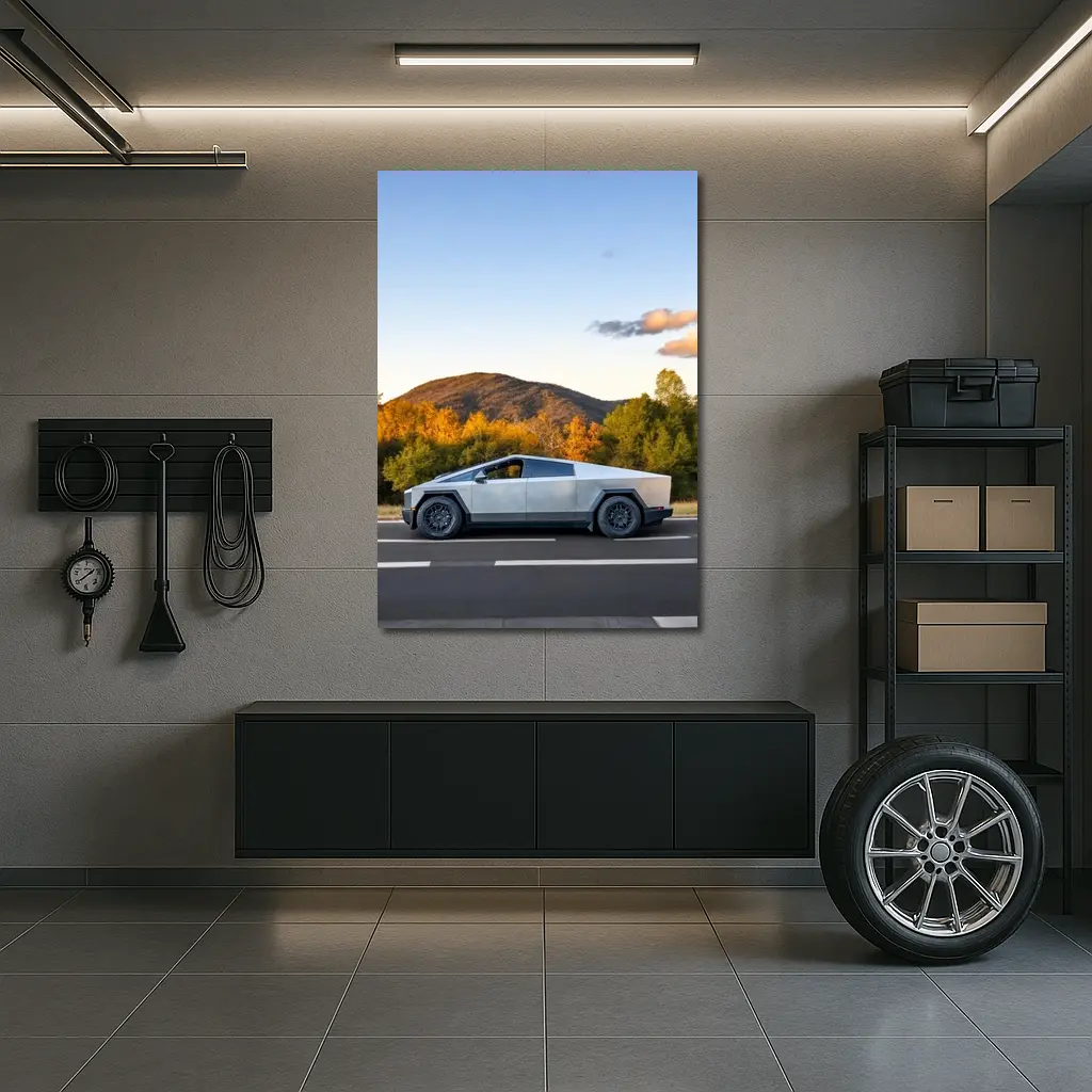 Tesla Cybertruck Driving Through Autumn Mountain Road – Wall Art