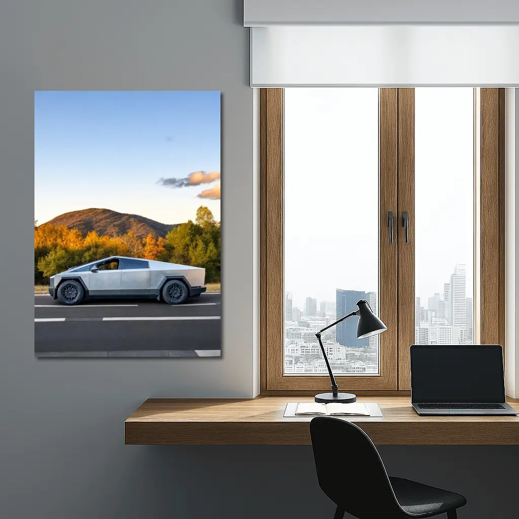 Tesla Cybertruck Driving Through Autumn Mountain Road – Wall Art
