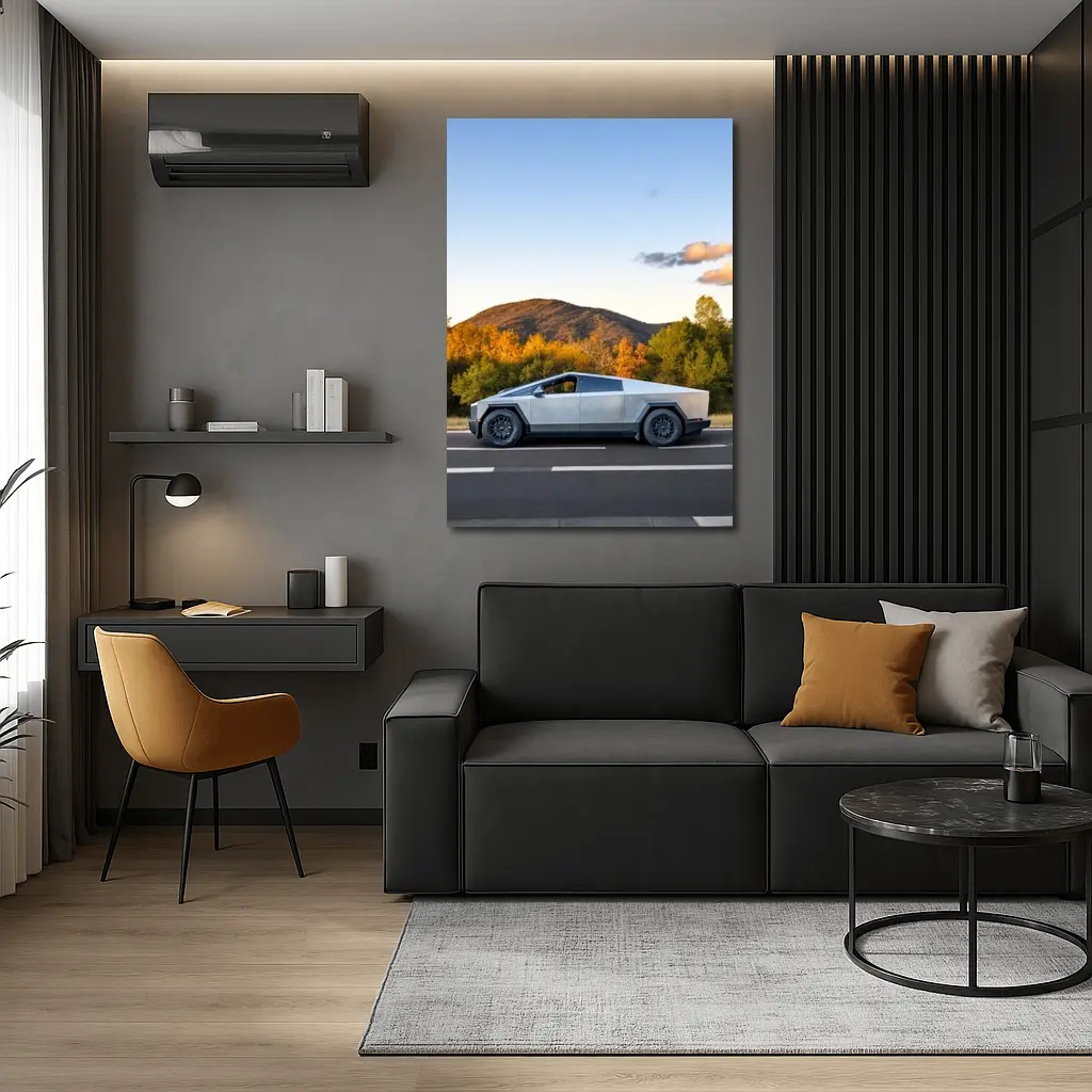 Tesla Cybertruck Driving Through Autumn Mountain Road – Wall Art