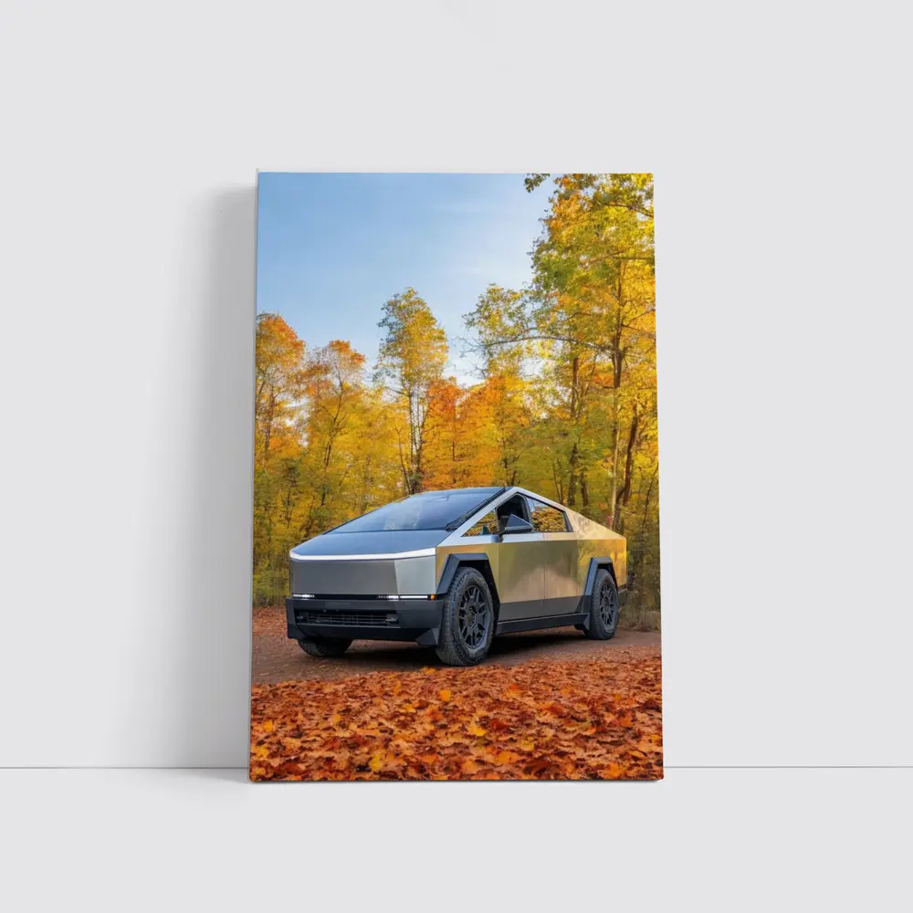 Tesla Cybertruck Parked Among Autumn Trees – Wall Art