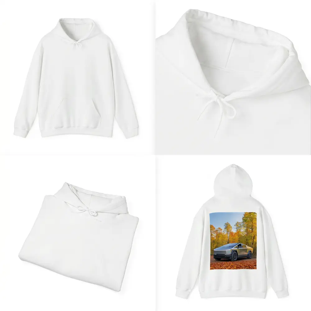 Tesla Cybertruck Parked Among Autumn Trees – Hoodies