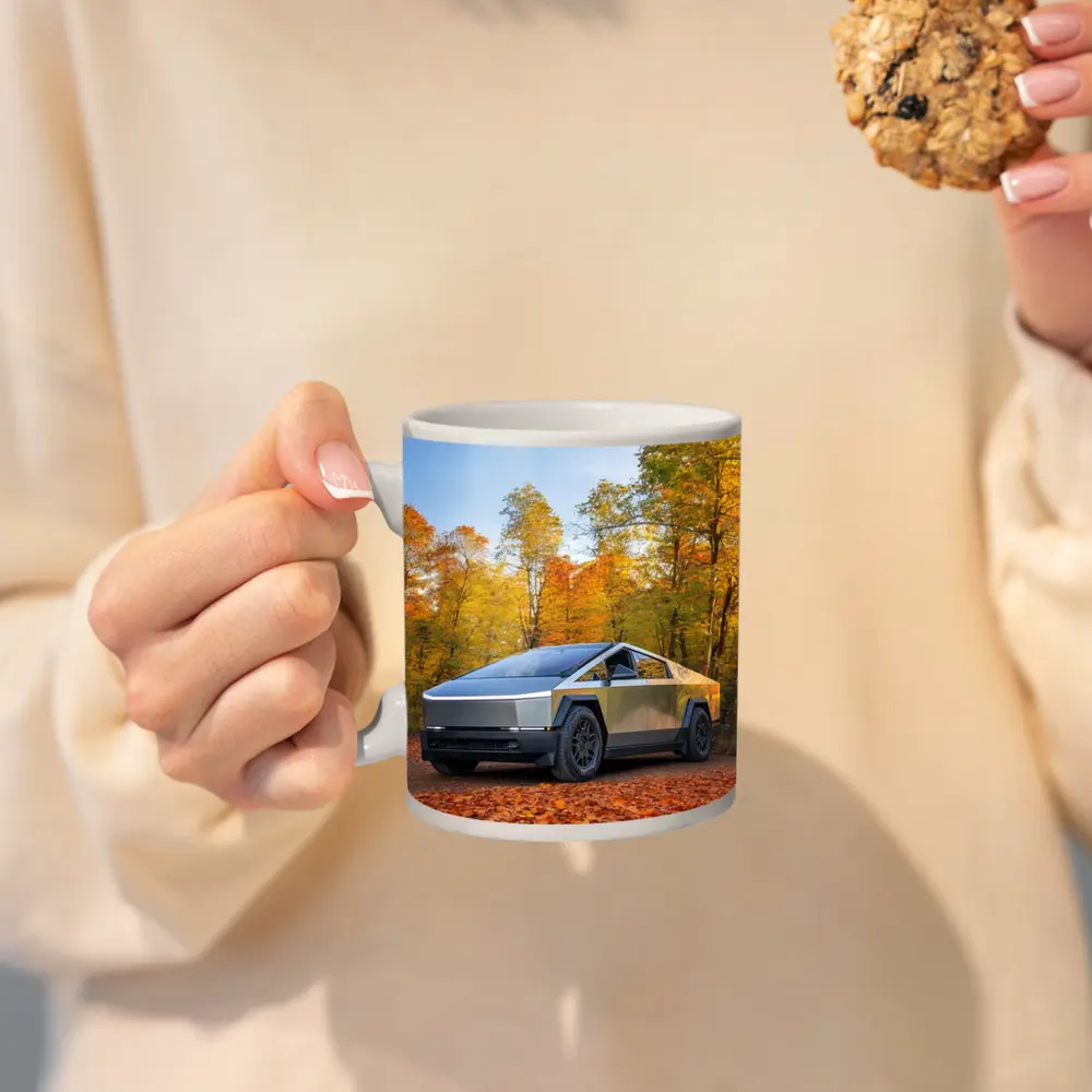 Tesla Cybertruck Parked Among Autumn Trees – Mugs