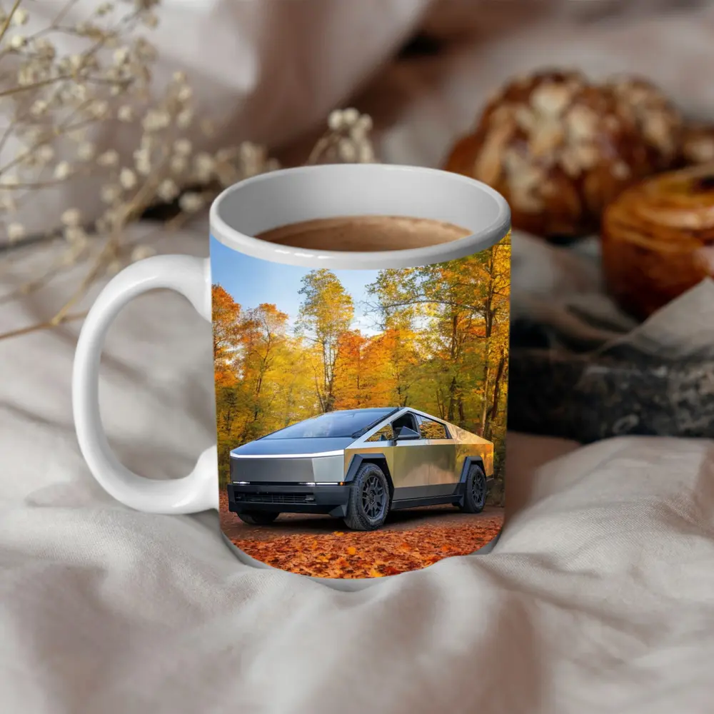 Tesla Cybertruck Parked Among Autumn Trees – Mugs