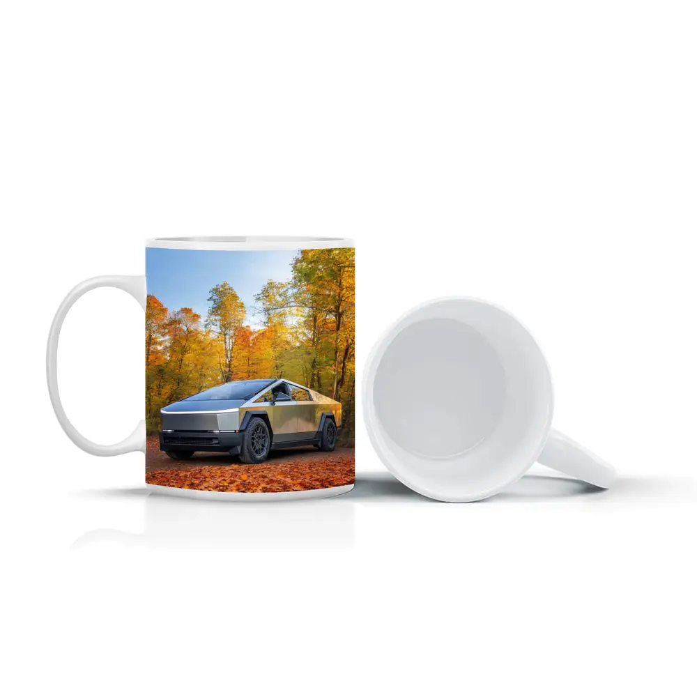 Tesla Cybertruck Parked Among Autumn Trees – Mugs