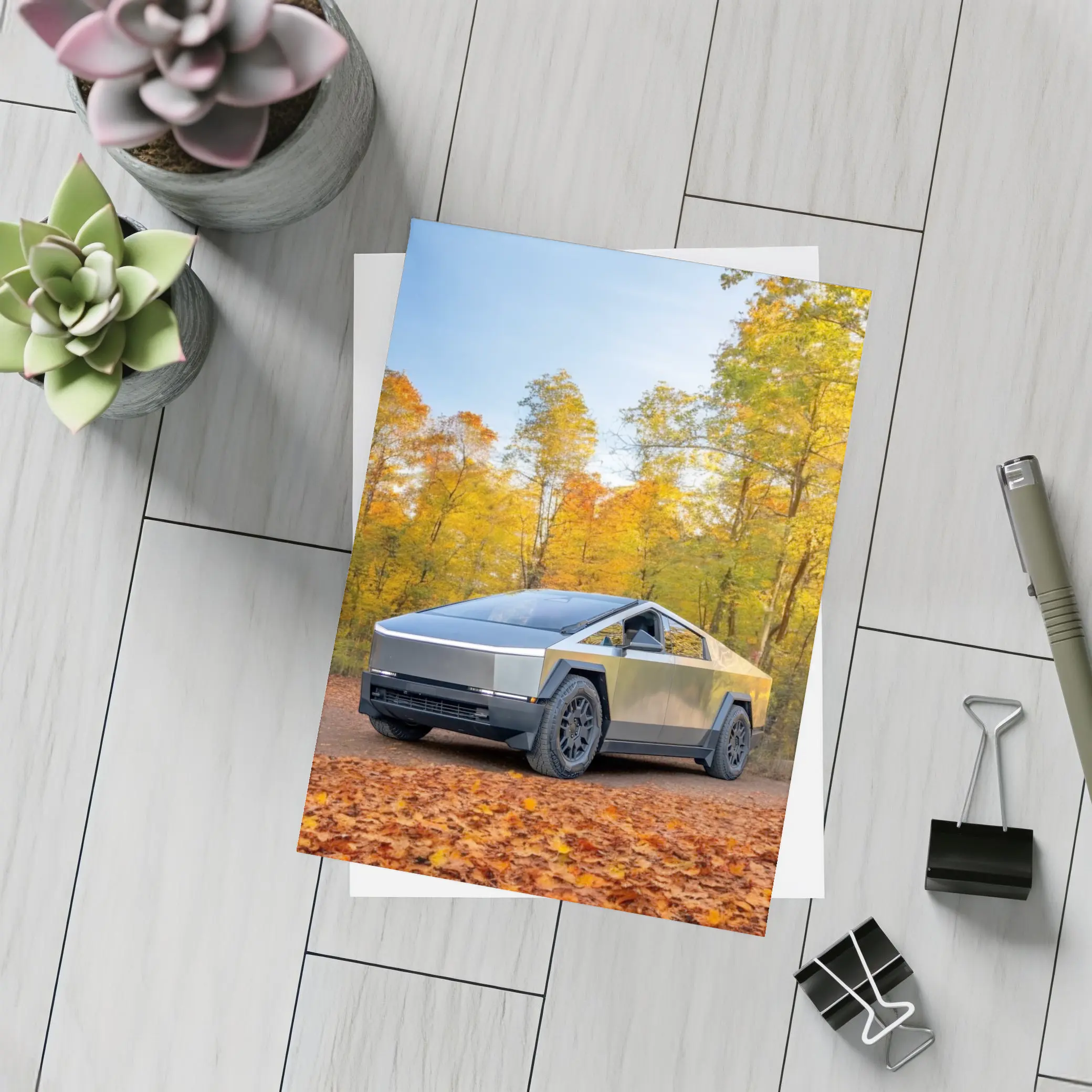 Tesla Cybertruck Parked Among Autumn Trees – Postcards
