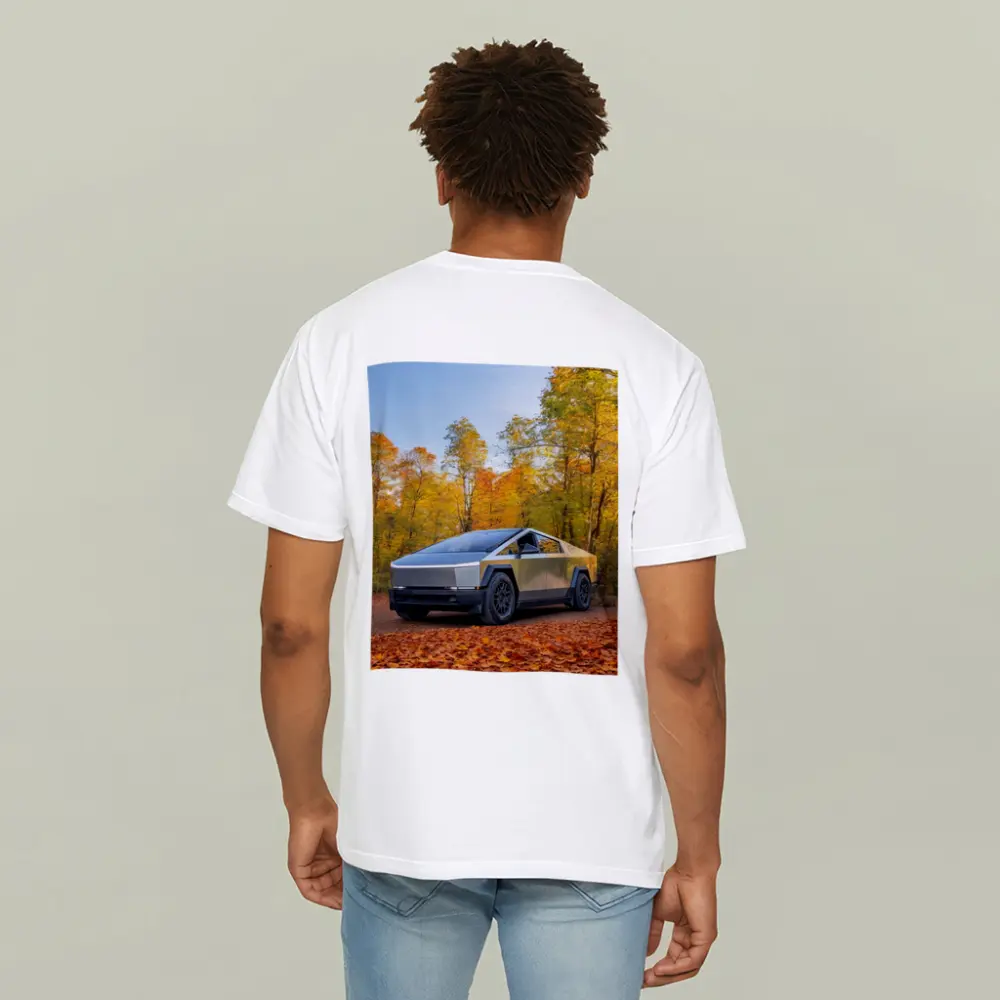 Tesla Cybertruck Parked Among Autumn Trees – T-Shirts