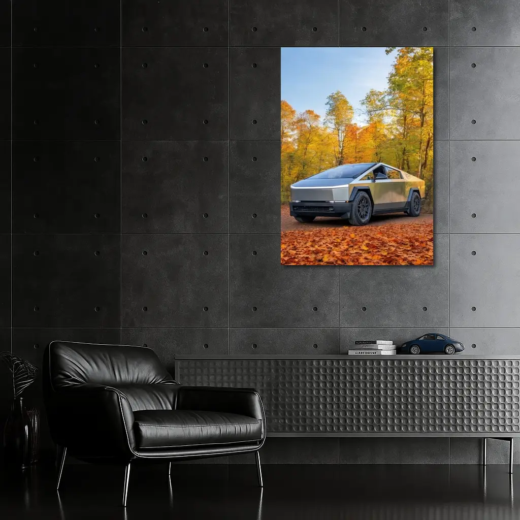 Tesla Cybertruck Parked Among Autumn Trees – Wall Art
