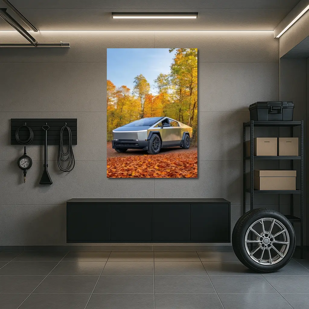 Tesla Cybertruck Parked Among Autumn Trees – Wall Art