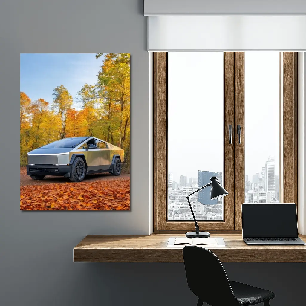Tesla Cybertruck Parked Among Autumn Trees – Wall Art