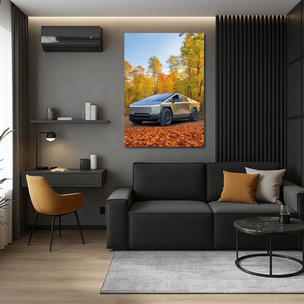 Tesla Cybertruck Parked Among Autumn Trees – Wall Art