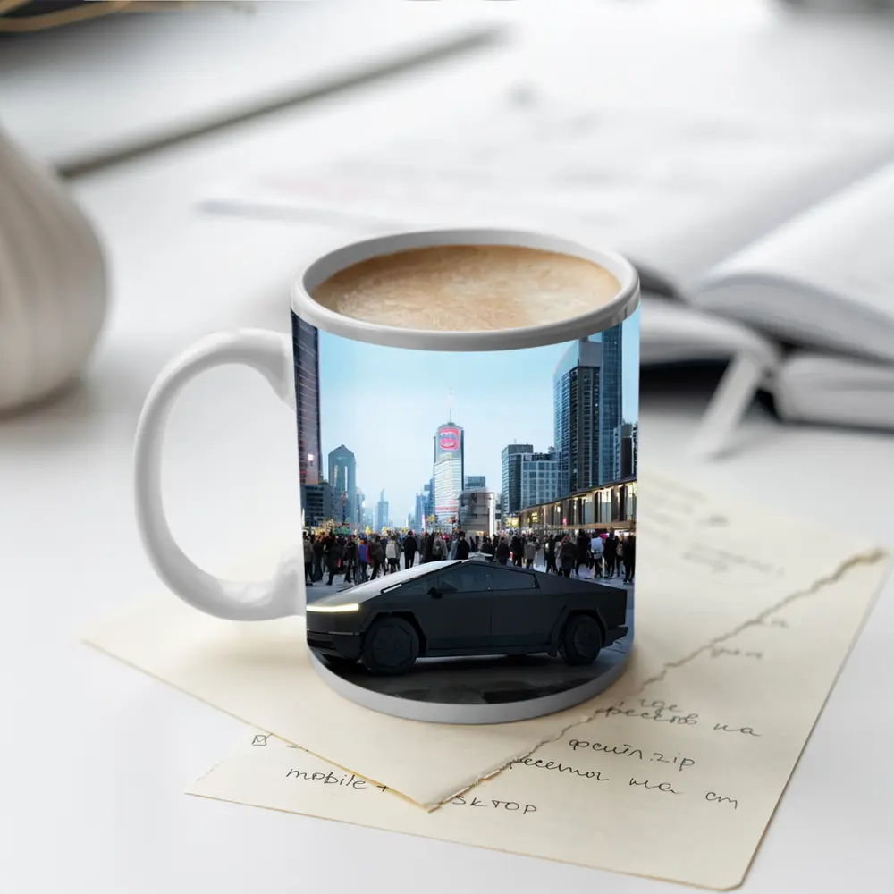 Tesla Cybertruck Dark City Street Scene – Mugs