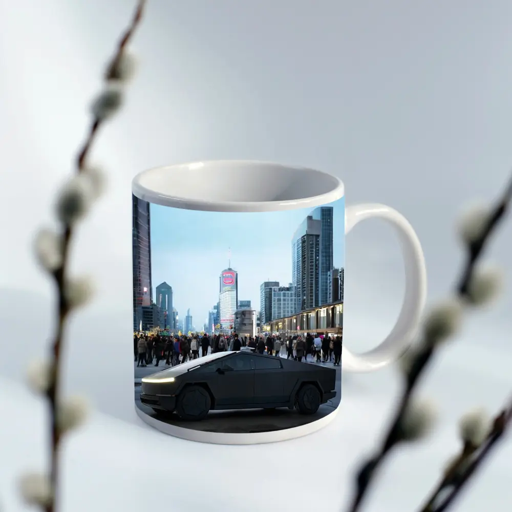 Tesla Cybertruck Dark City Street Scene – Mugs