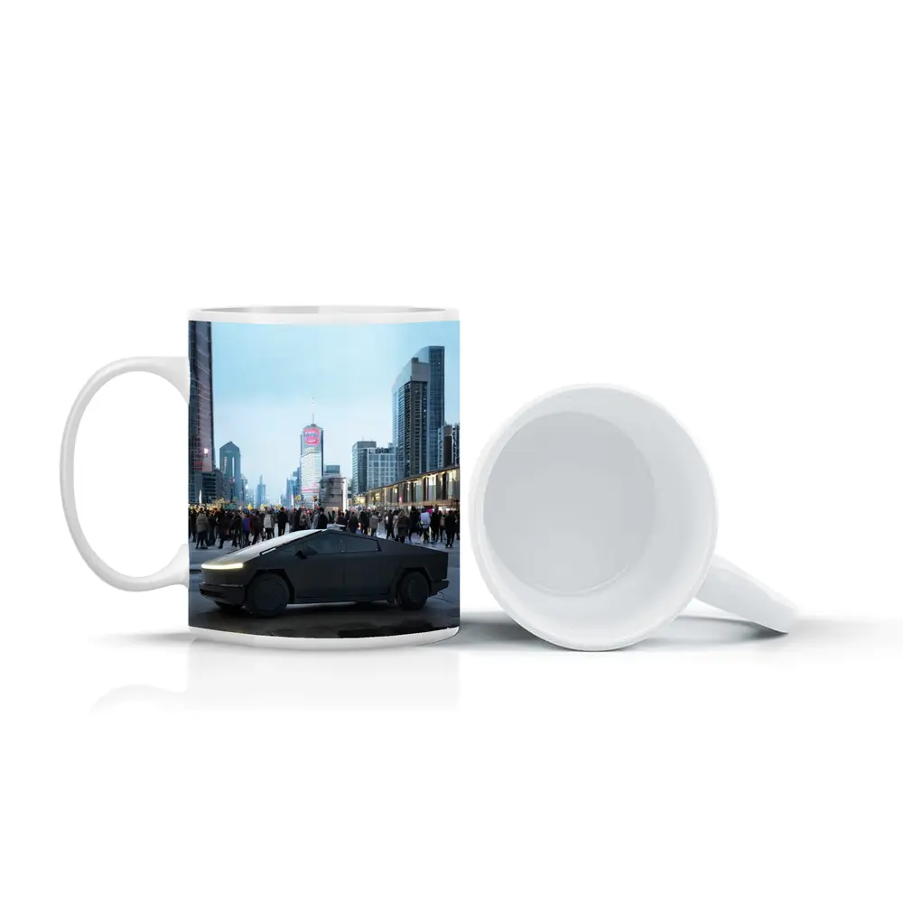 Tesla Cybertruck Dark City Street Scene – Mugs
