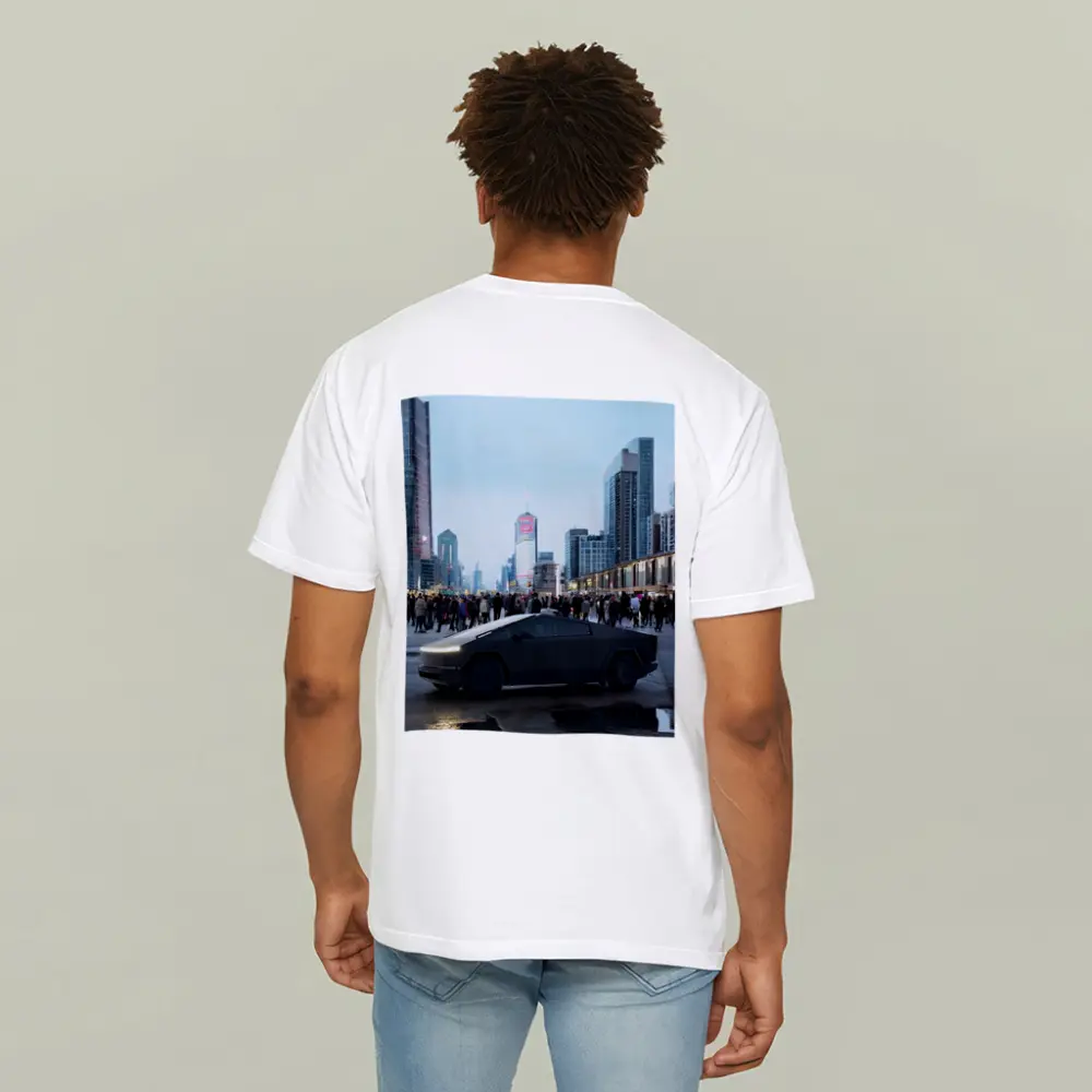 Tesla Cybertruck Dark City Street Scene – T-Shirts