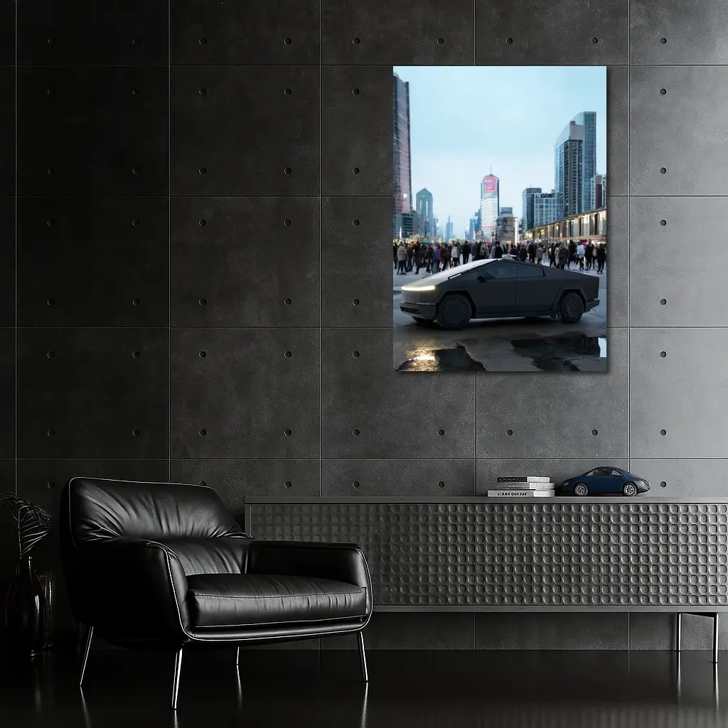 Tesla Cybertruck Dark City Street Scene – Wall Art