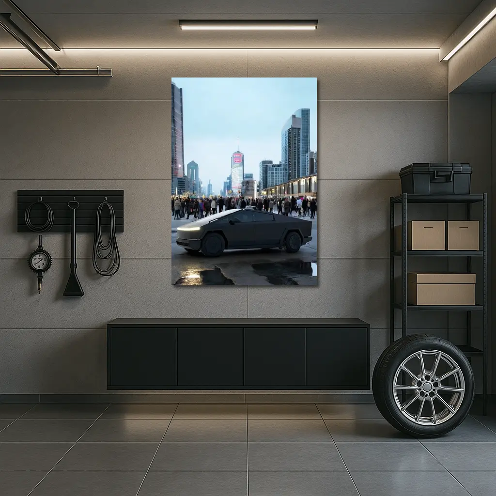 Tesla Cybertruck Dark City Street Scene – Wall Art