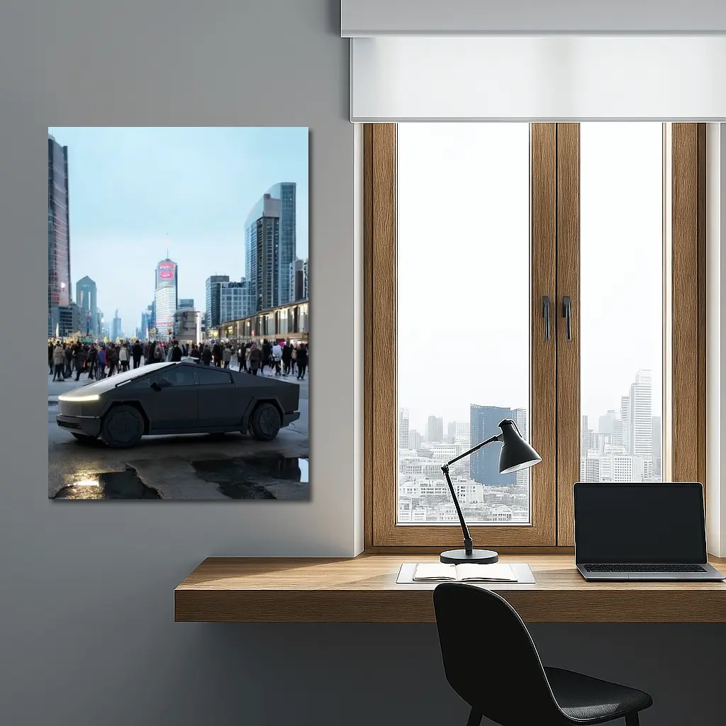 Tesla Cybertruck Dark City Street Scene – Wall Art