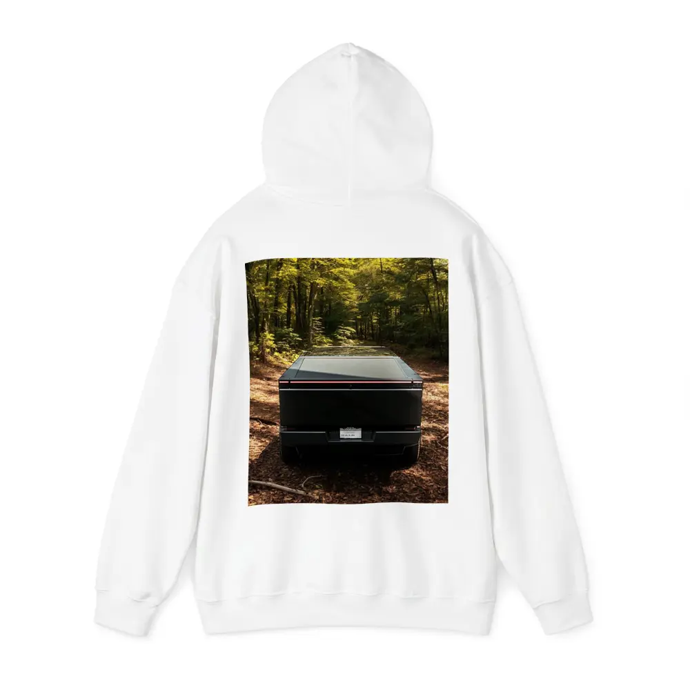 Tesla Cybertruck Rear View Forest Trail – Hoodies