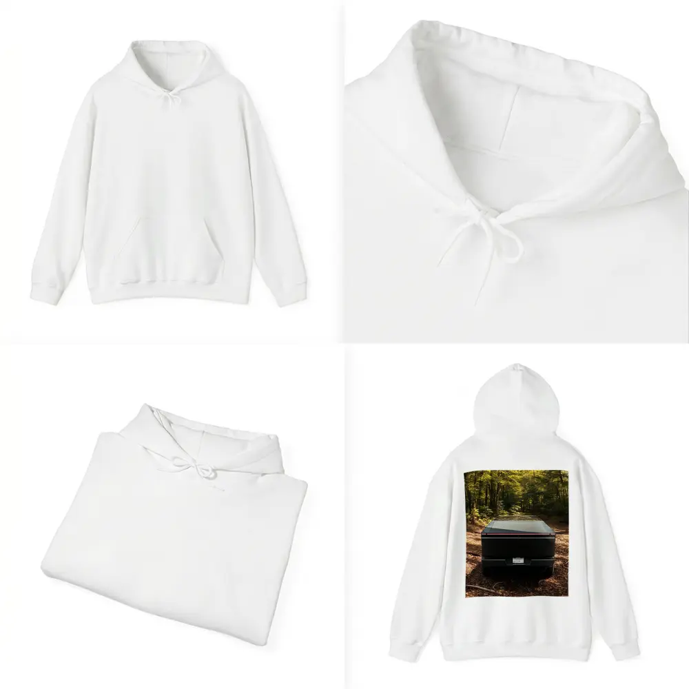 Tesla Cybertruck Rear View Forest Trail – Hoodies