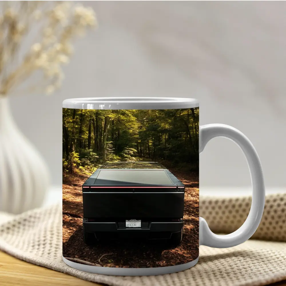 Tesla Cybertruck Rear View Forest Trail – Mugs