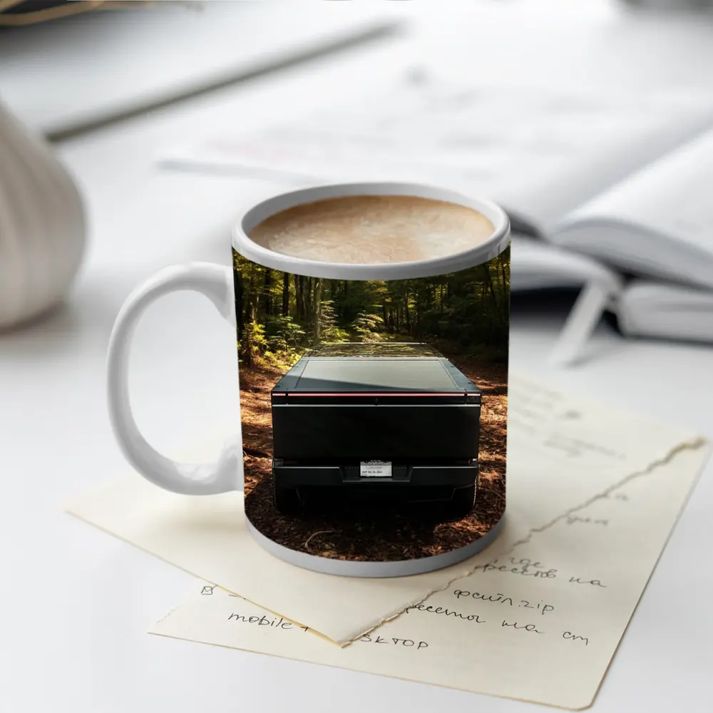 Tesla Cybertruck Rear View Forest Trail – Mugs