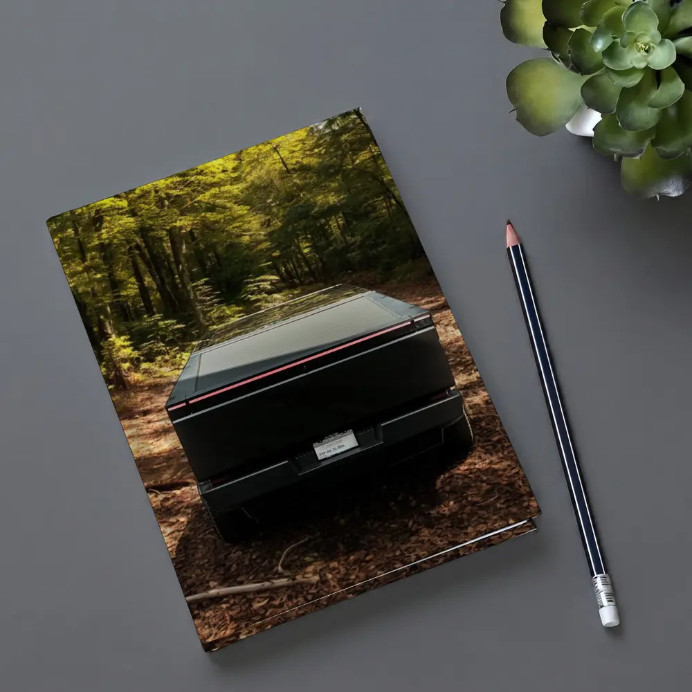 Tesla Cybertruck Rear View Forest Trail – Notebooks