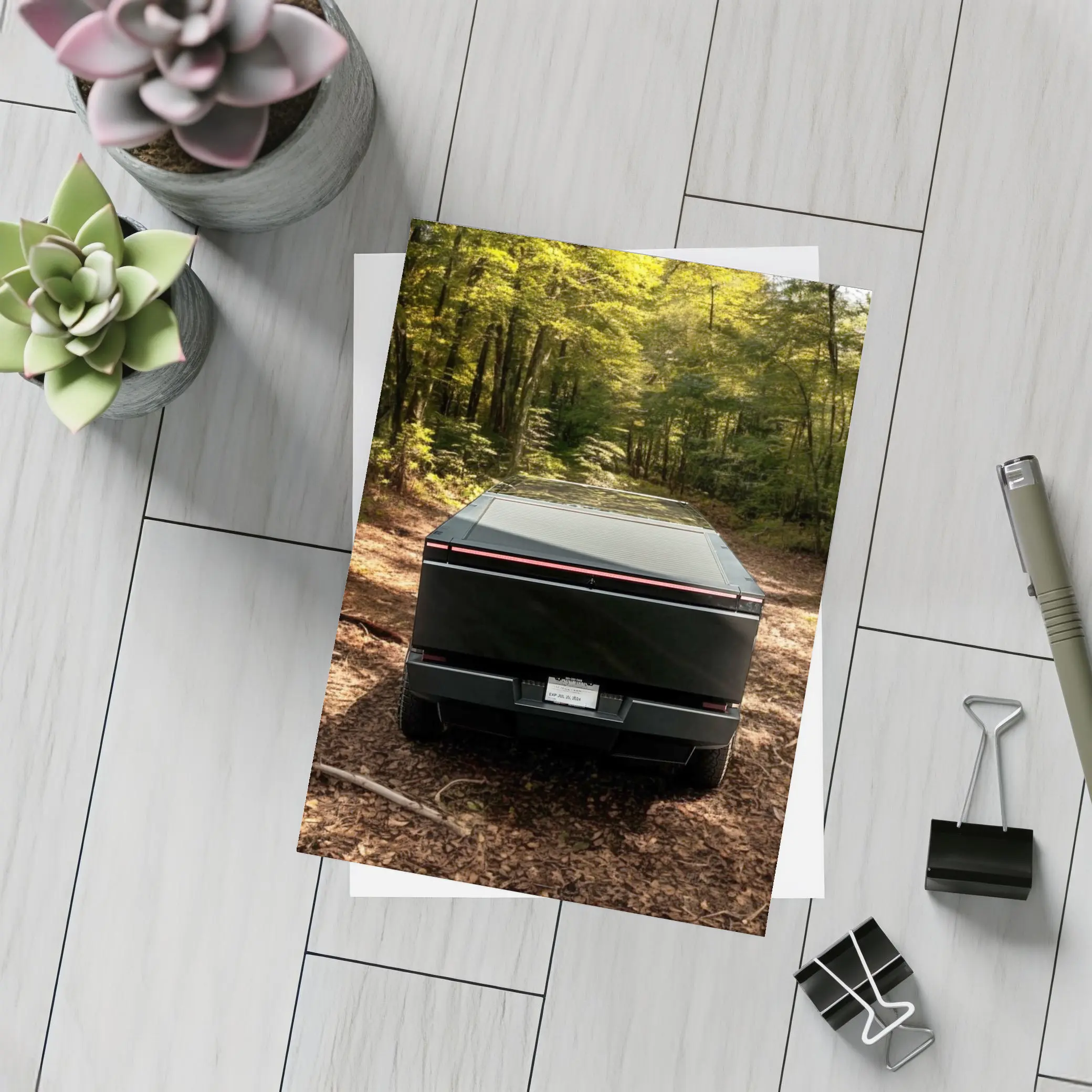 Tesla Cybertruck Rear View Forest Trail – Postcards