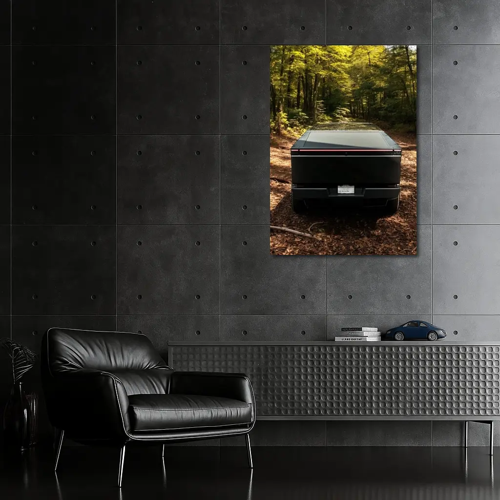 Tesla Cybertruck Rear View Forest Trail – Wall Art