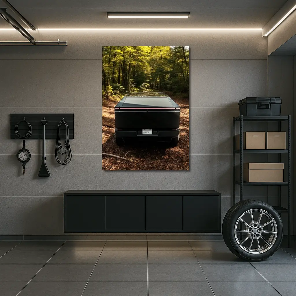 Tesla Cybertruck Rear View Forest Trail – Wall Art
