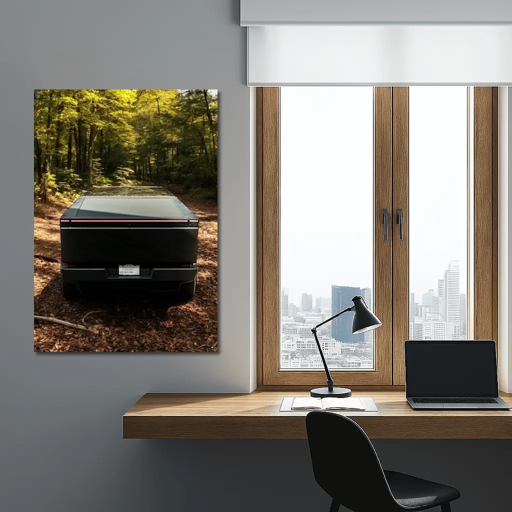 Tesla Cybertruck Rear View Forest Trail – Wall Art