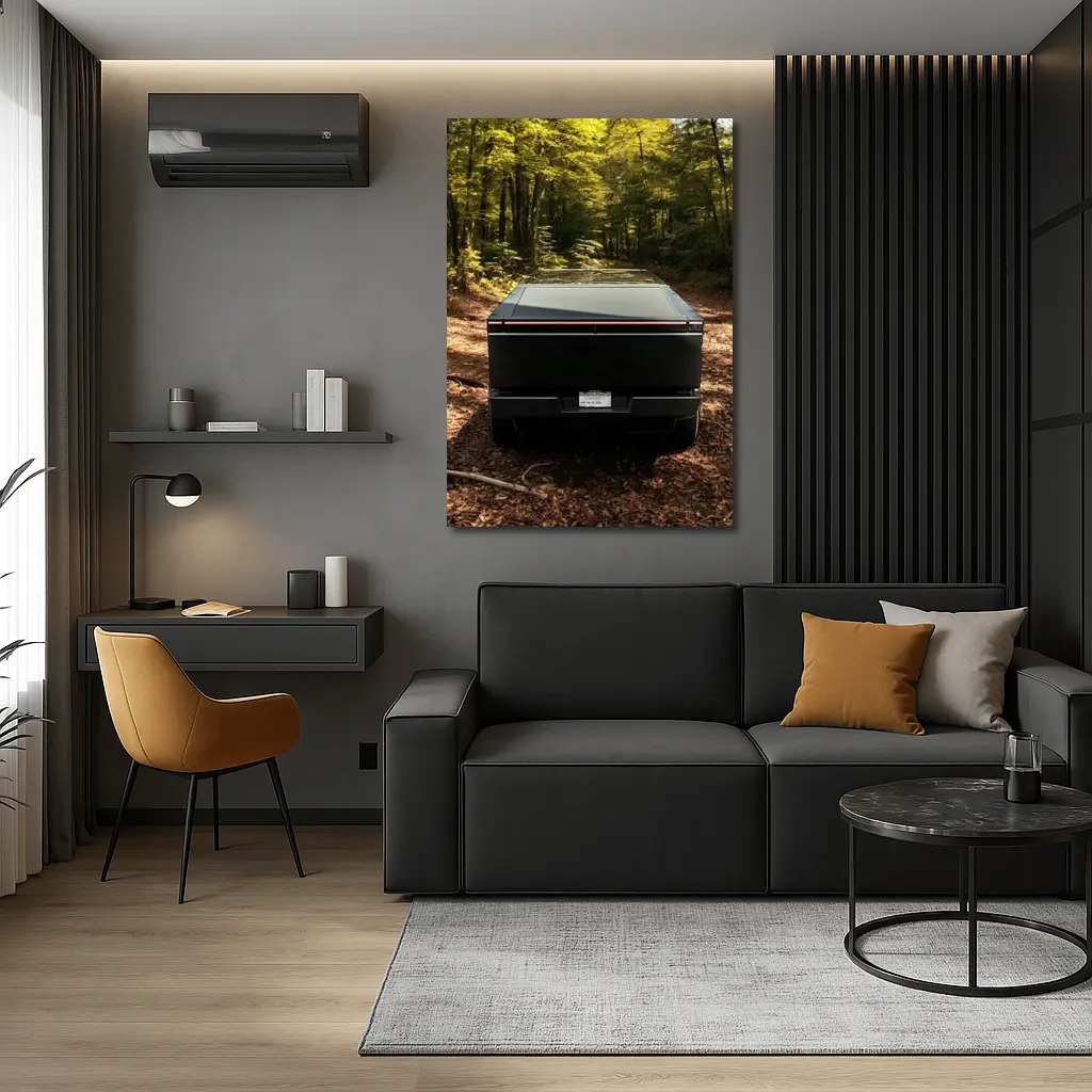 Tesla Cybertruck Rear View Forest Trail – Wall Art