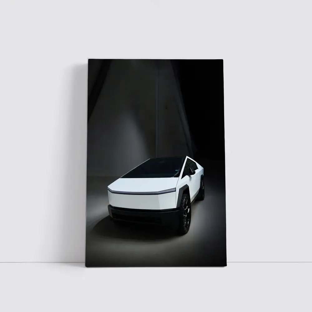 Tesla Cybertruck White Studio Dark Background – Wall Art