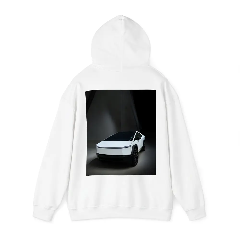 Tesla Cybertruck White Studio Dark Background – Hoodies