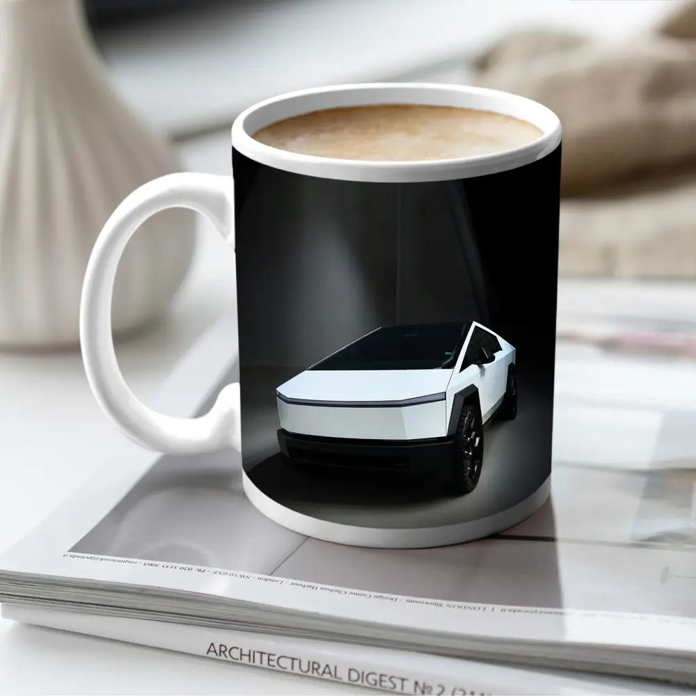 Tesla Cybertruck White Studio Dark Background – Mugs