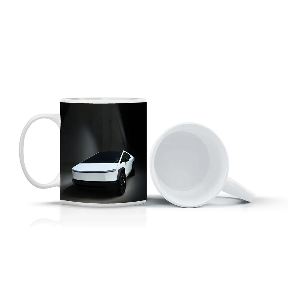 Tesla Cybertruck White Studio Dark Background – Mugs