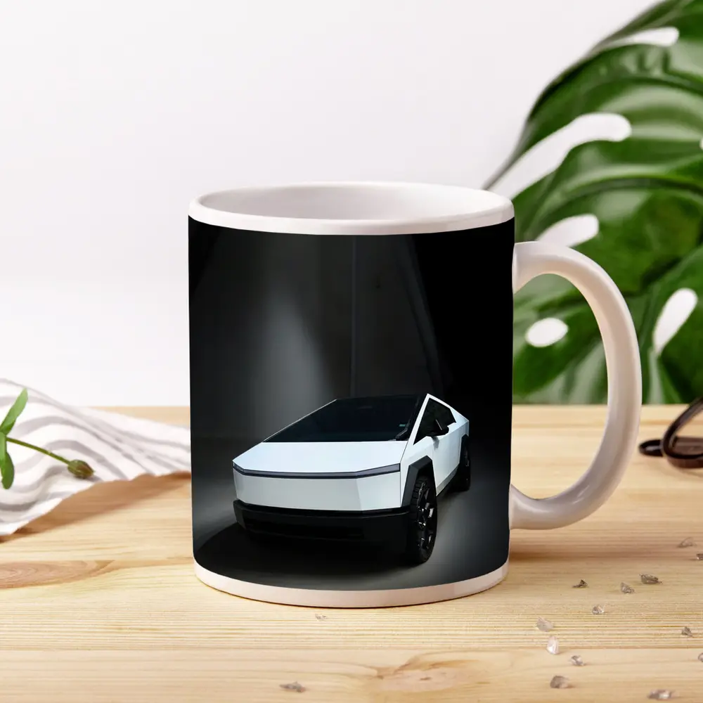Tesla Cybertruck White Studio Dark Background – Mugs