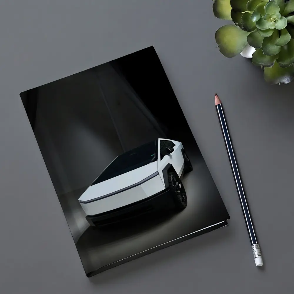 Tesla Cybertruck White Studio Dark Background – Notebooks
