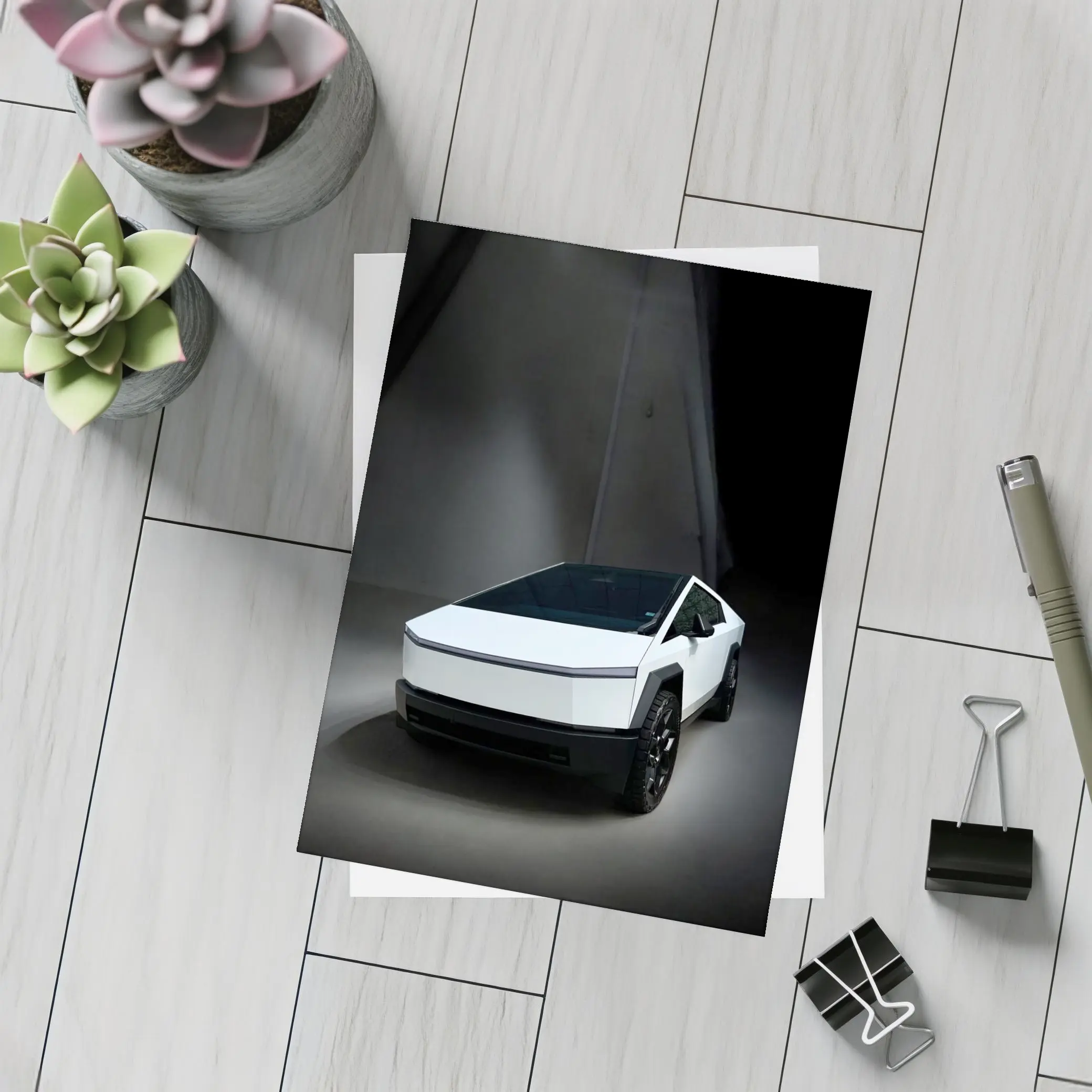 Tesla Cybertruck White Studio Dark Background – Postcards