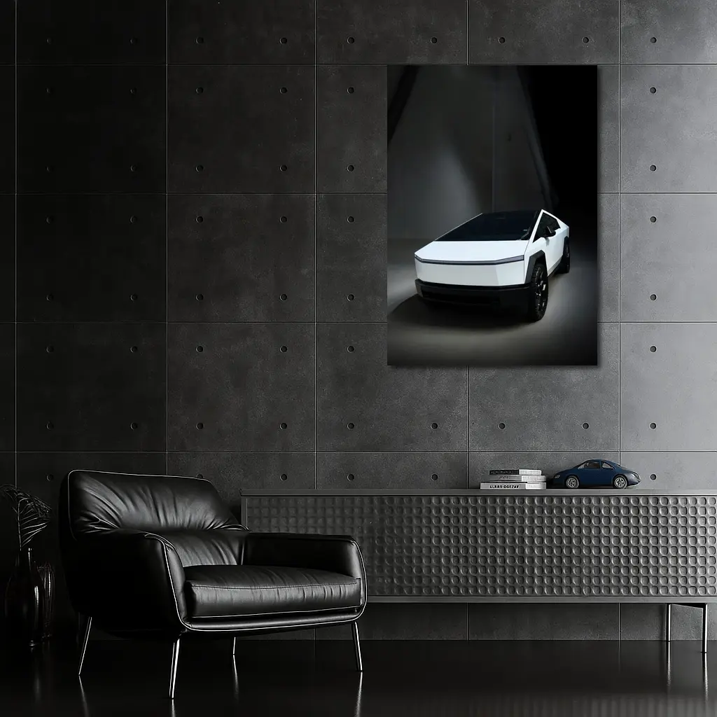 Tesla Cybertruck White Studio Dark Background – Wall Art